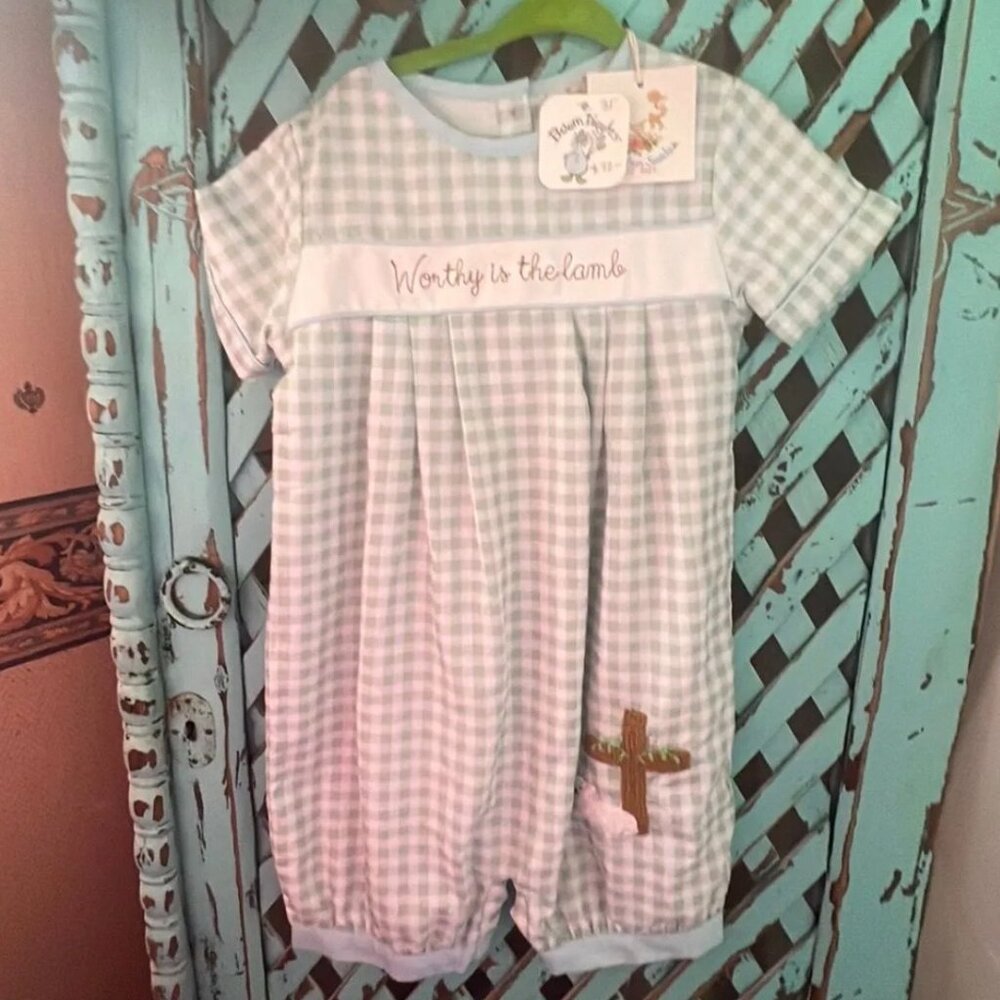 Busy Bees Smocks - "Worthy is the Lamb" Easter Romper - 3T